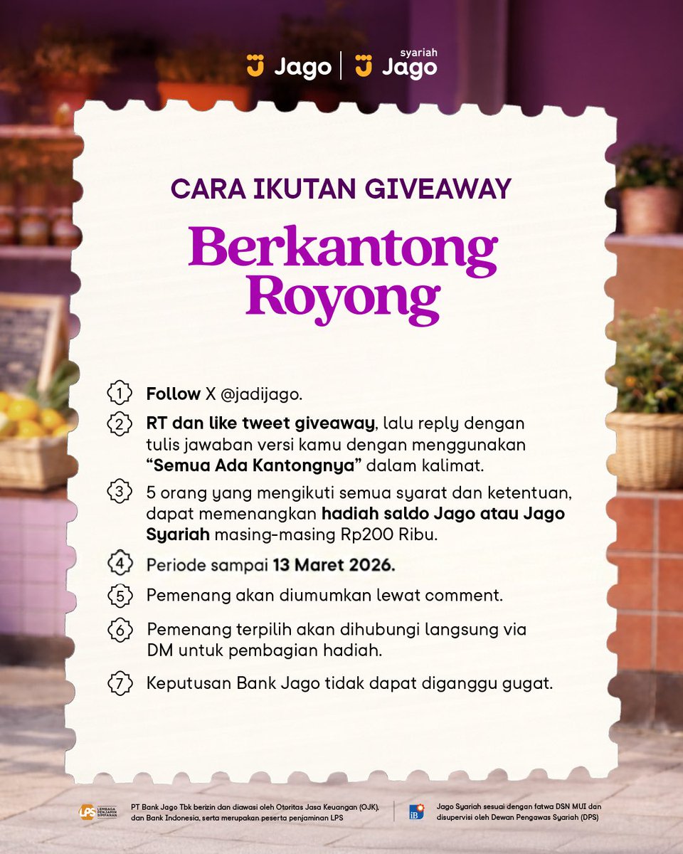 ‼️GIVEAWAY ALERT‼️
Menangin 200 RIBU buat 5 orang!
Caranya RT &amp; LIKE tweet ini, jawab pertanyaannya di bawah pakai “Semua Ada Kantongnya”sampai 13 Maret 2026.
Gasssss 👇