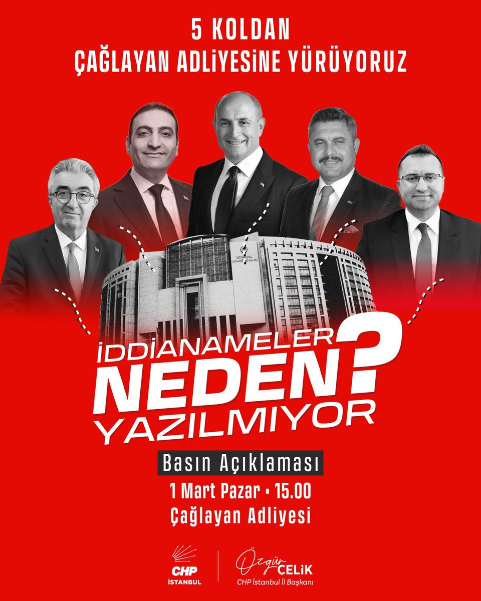 İDDİANAMELER NEDEN YAZILMIYOR?

İstanbul’umuzun beş ilçesinde, komşularının tertemiz oylarıyla ve güveniyle göreve seçilmiş belediye başkanlarımızın aylardır tek bir satır iddianamesi yok!

Halkımızın iradesini savunmak için beş ilçe başkanımız beş koldan Çağlayan’a yürüyecek,