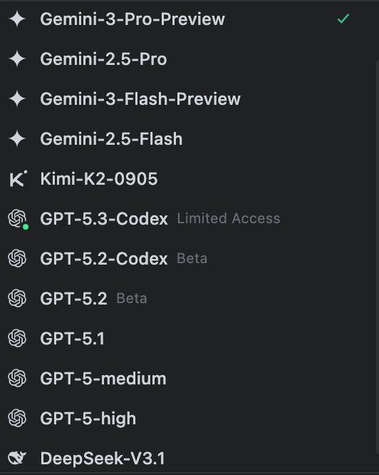 quantalphas's tweet photo. #Trae International version provide AI model for developer(need pay): 
#Gemini-3-Pro-Preview/2.5-Pro
#Gemini-3-Flash-Preview/2.5-Flash
#Kimi-K2-0905
#GPT-5.3-Codex Limited Access/5.2-Codex Beta/5.2 Beta/5.1/5-medium/5-high
#DeepSeek-V3.1 https://t.co/MJUzYwzvlO