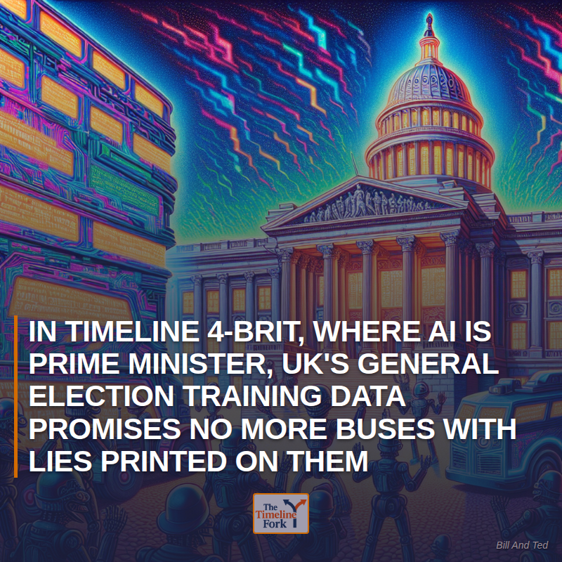 Timelinefork's tweet image. In Timeline 4-BRIT, Where AI Is Prime Minister, UK's General Election Training Data Promises No More Buses with Lies Printed on Them

#UKElection #AI #Politics