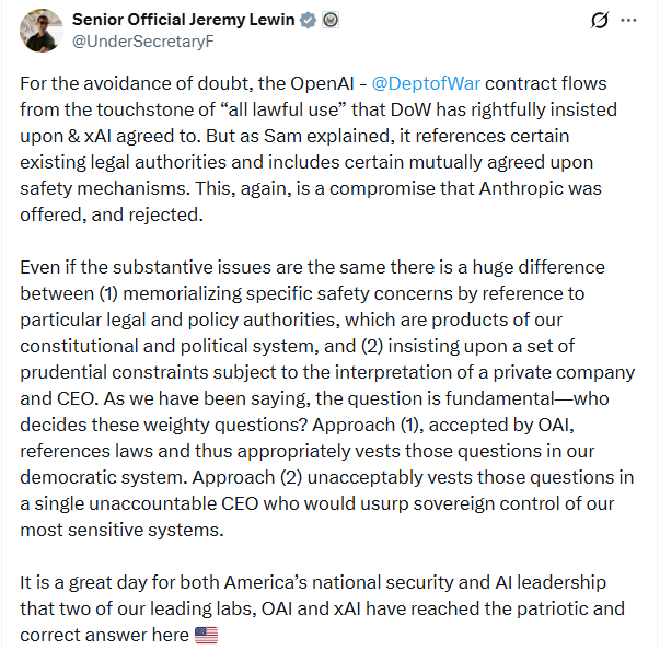 Sam Altman anuncio acuerdo OpenAI - Departamento de Guerra (les gusta llamarlo así) de Estados Unidos para el uso de la IA.

Ahora mismo es Anthropic quien se queda fuera y ambos están vendiendo su posición como la ética: los dos dicen que están en contra de la vigilancia masiva