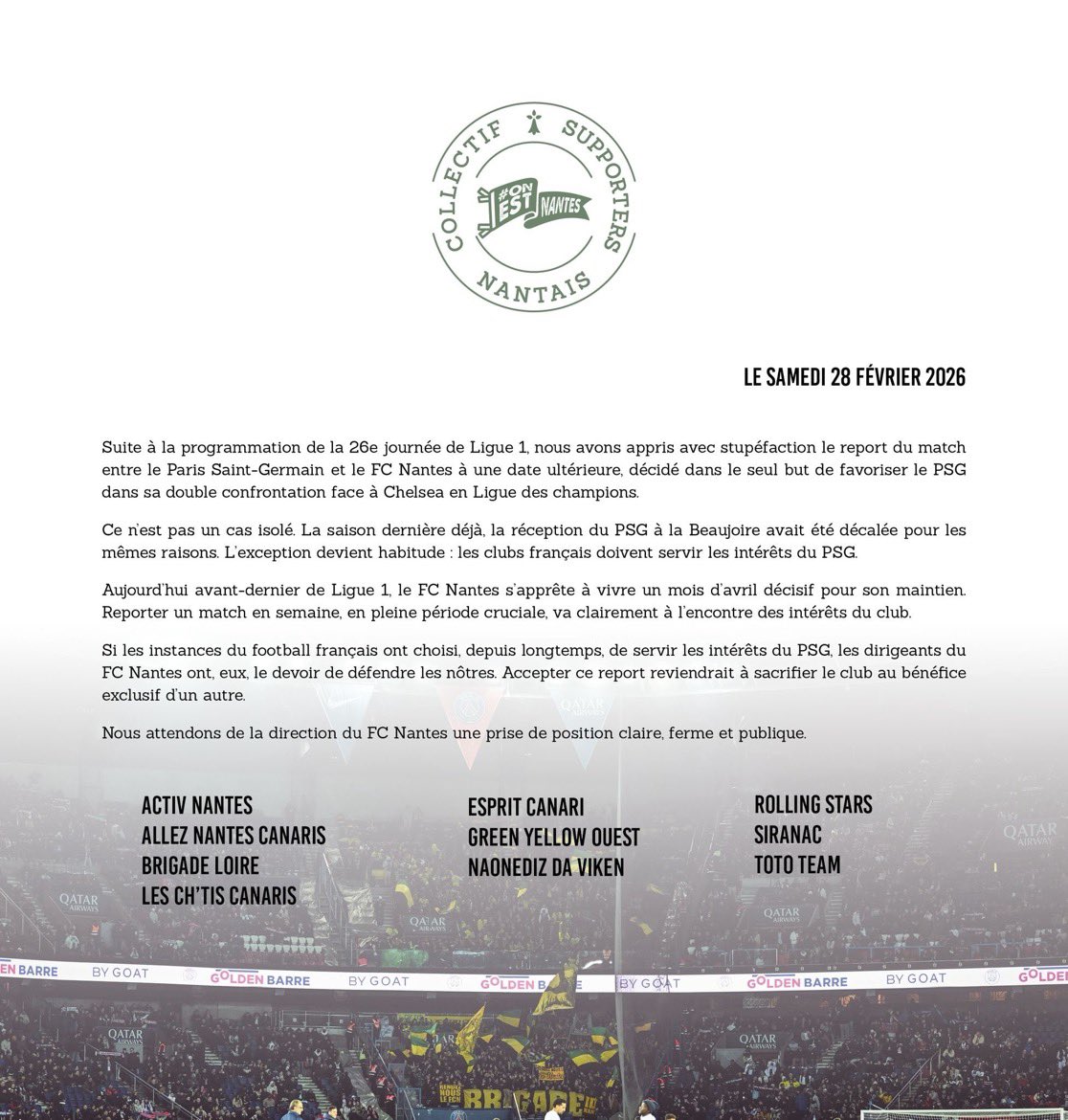 Ablinhoo's tweet photo. Communiqué des assos de supporter du FC Nantes sur le report de PSG-FC Nantes https://t.co/Uj6GfF9Bx1