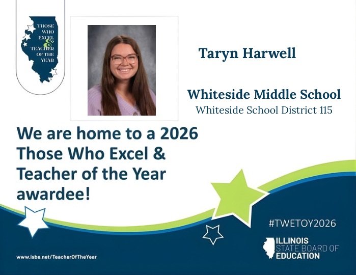 WSmiddle's tweet image. Congratulations to Taryn Harwell!  We are so grateful for all her hard work with our students.  She is a great mentor for other faculty and staff members.  She is a great role model for all of us.  Taryn Harwell will be honored by the Illinois State Board of Education.