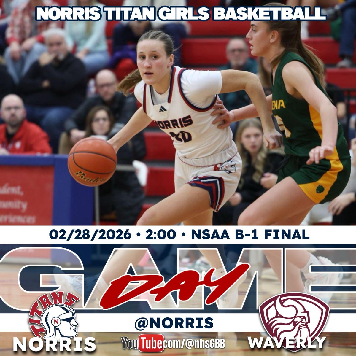 NorrisTitanGBB's tweet photo. It’s the postseason Titan Nation! District Finals! Our chance to 🥊 our 🎟️ to the Stare Tournament! Let’s Go!!
🏀 Game Day #24
🆚 Waverly
🏟️ The District 160
🏆 B-1 Final
⏰ V 2:00pm
📻 @KUTT995 
📺 https://t.co/x109s3c6CU
#DBWHSH #OneFam @NebPreps @NEScoreFeed @LNKPrepSports https://t.co/lbfPgSFKff