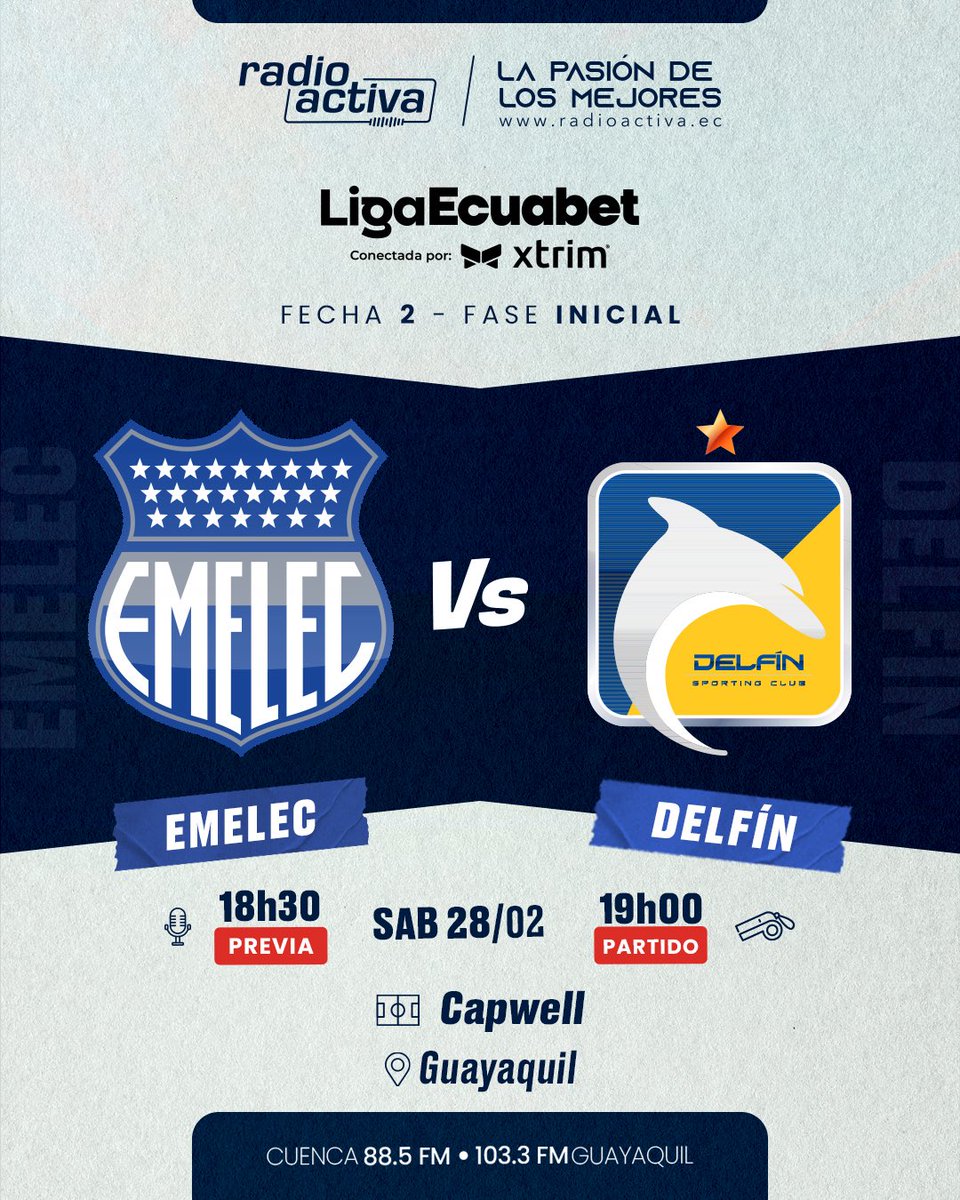 🎤 ¡Fútbol en Radioactiva!

▶️ No te pierdas los detalles del duelo #Emelec 🔵⚪️ 🆚 #Delfín 🔵🟡, con la previa desde las 18:30 🕡 

💪🏻 ¡La pasión de los mejores! 

📻 88.5FM CUE | 103.3FM GYE
🌍 radioactiva.ec
📱 Facebook y Youtube Live