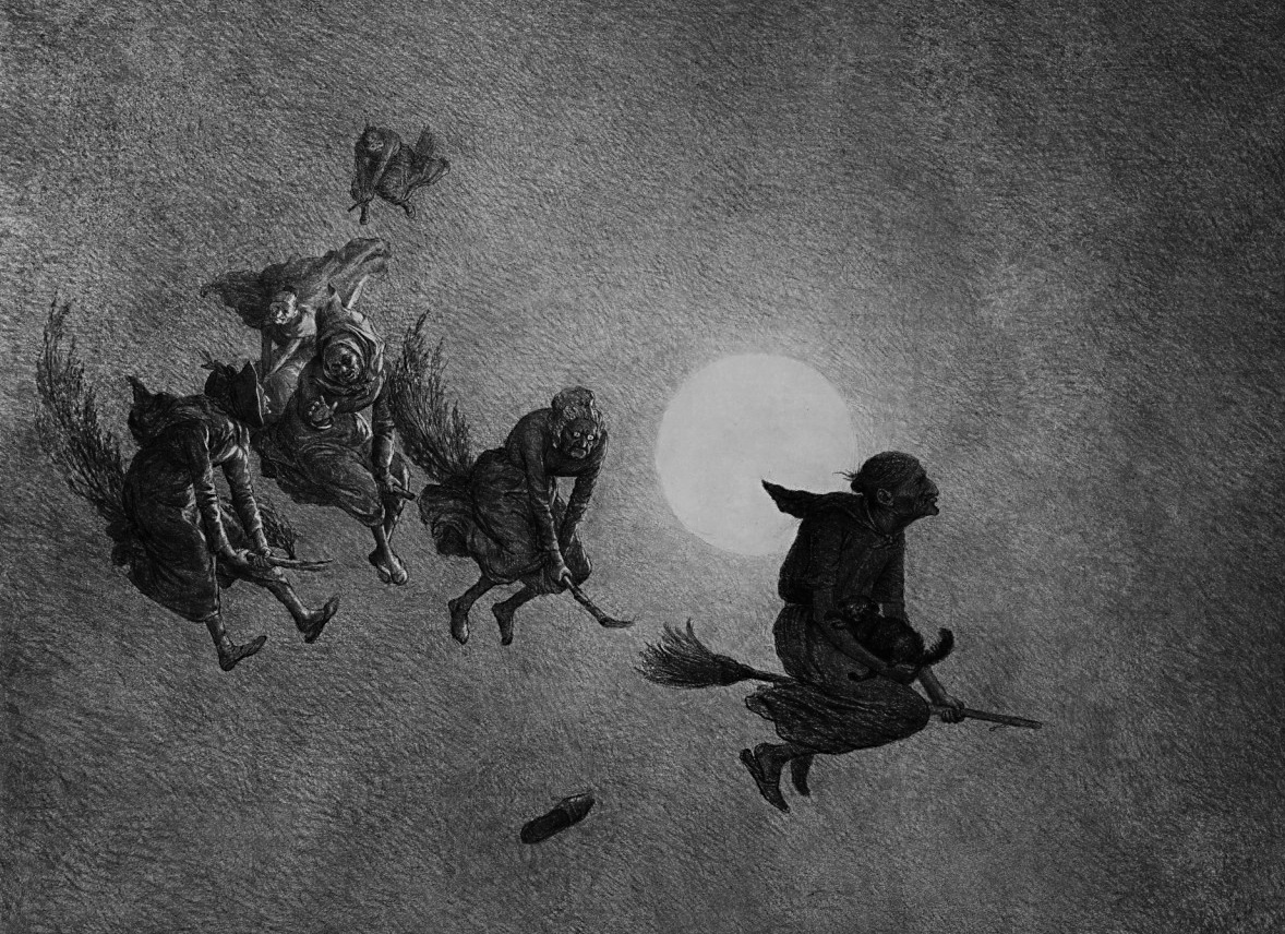 The Witches' Ride. Artist: William Holbrook Beard, 1870. Medium: Charcoal on paper.

The image of a witch flying on a broomstick dates back to medieval and early modern Europe.

Between the 14th and 16th centuries, people accused of witchcraft prepared mixtures they called