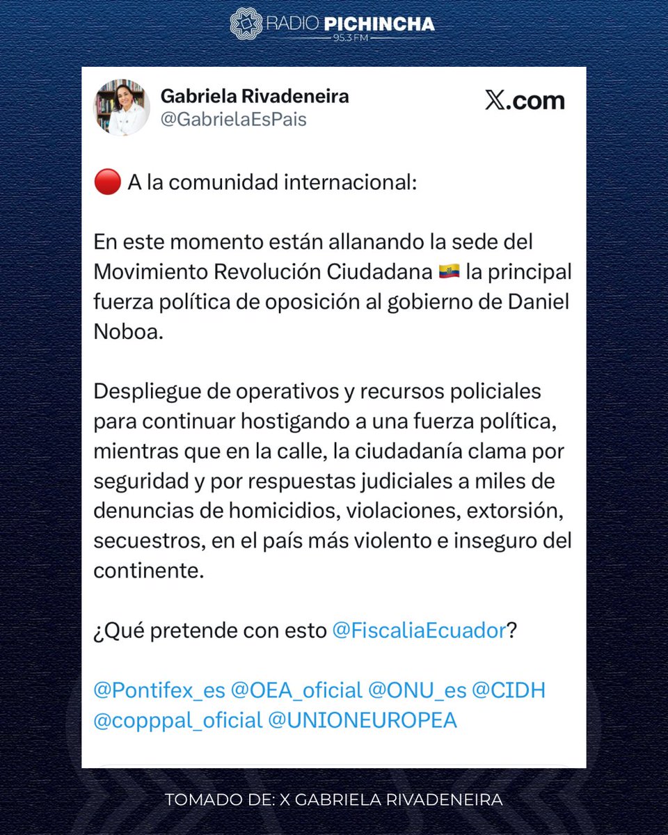 🛑#Atención | La presidenta de la Revolución Ciudadana, Gabriela Rivadeneira, se pronunció tras el allanamiento a la sede de la organización en #Quito. A través de sus redes sociales, cuestionó el operativo ejecutado por la Fiscalía y pidió explicaciones sobre las razones del