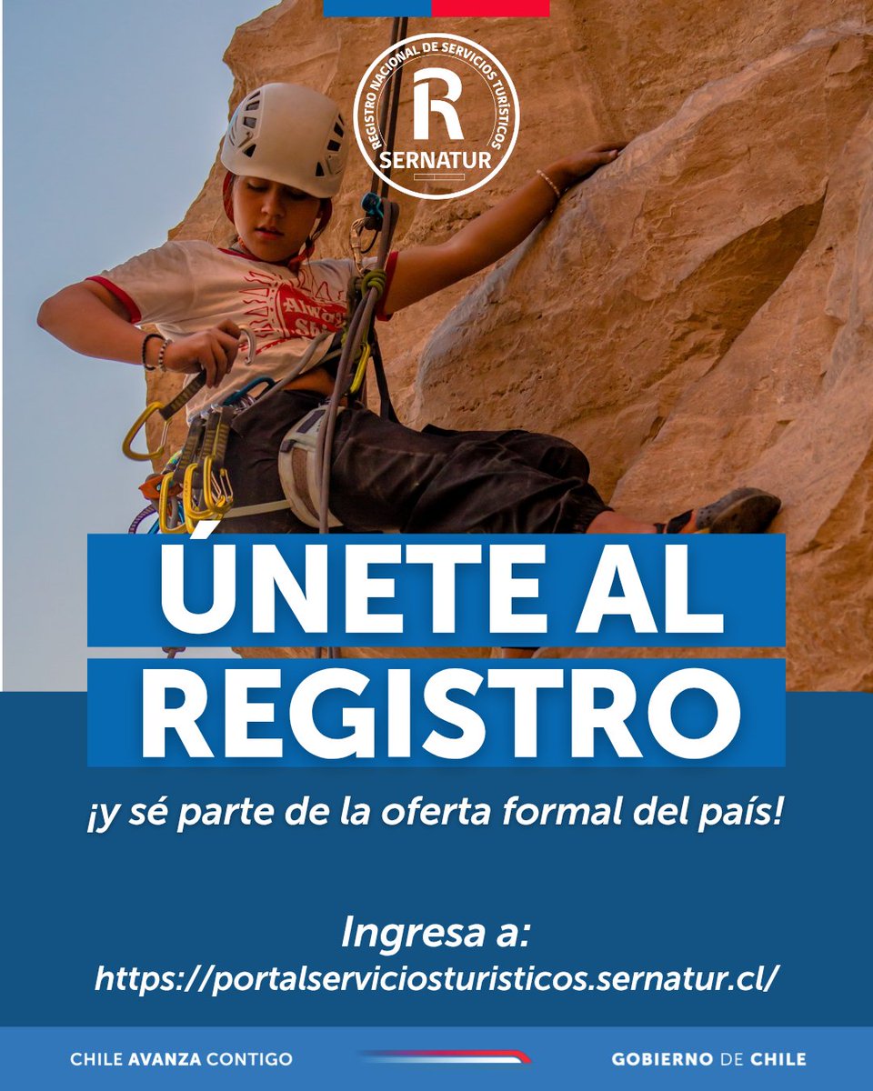 ¡Si eres prestador o prestadora de servicios turísticos, regístrate en Sernatur! Ingresa al 👉🏻portalserviciosturisticos.sernatur.cl y forma parte de la oferta turística formal del país.
👀 Los servicios de alojamiento turístico y turismo aventura deben estar registrados en Sernatur, por ley.