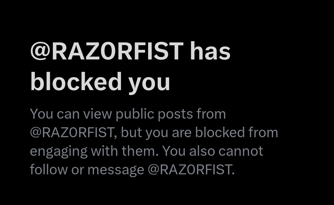 Just checked his page to see him cope for the US AGAIN bombing Iran for Israel only to find I'm blocked.

But I thought we had to eat crow cuz a war never happened, Razor?