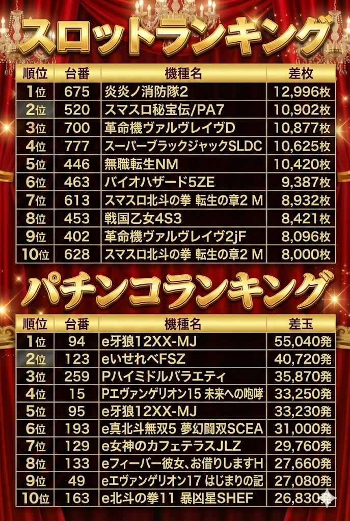 2月28日のランキング発表🎉 ※21時30分時点での差枚・差玉ランキング