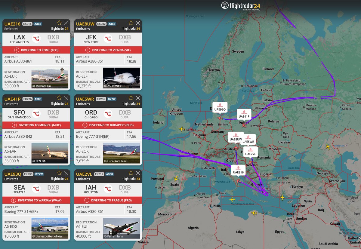 Impact of UAE airspace closure:
EK216 diverting to Rome
EK226 diverting to Munich
EK230 diverting to Warsaw
EK202 diverting to Vienna
EK236 diverting to Budapest
EK212 diverting to Prague