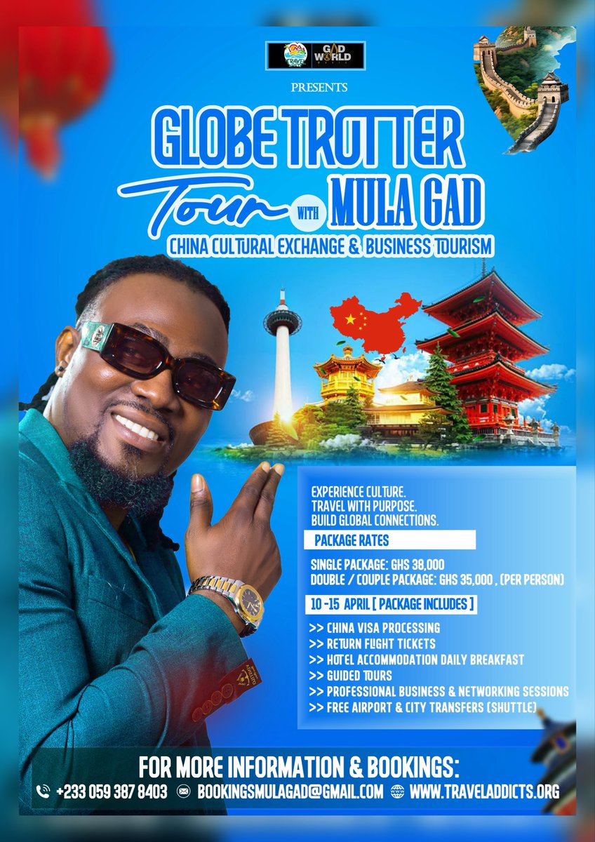 MulaGad's tweet photo. Join the GlobeTrotter 🌍 ✈️ China 🇨🇳 Cultural Exchange &amp; Business Tourism.. •Travel With Purpose •Experience Culture •Build Global Connections .. Limited Slots Available! 

BOOK NOW!!! 
📧: Bookingsmulagad@gmail.com 
📧: bookings@traveladdicts.org 
☎️: +233 (0)593878403 https://t.co/skjjgCLENv