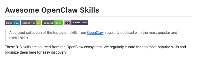 913 skills from the OpenClaw ecosystem.

Sorted by category and popularity. Most downloaded at the top.💫

github.com/sundial-org/aw…