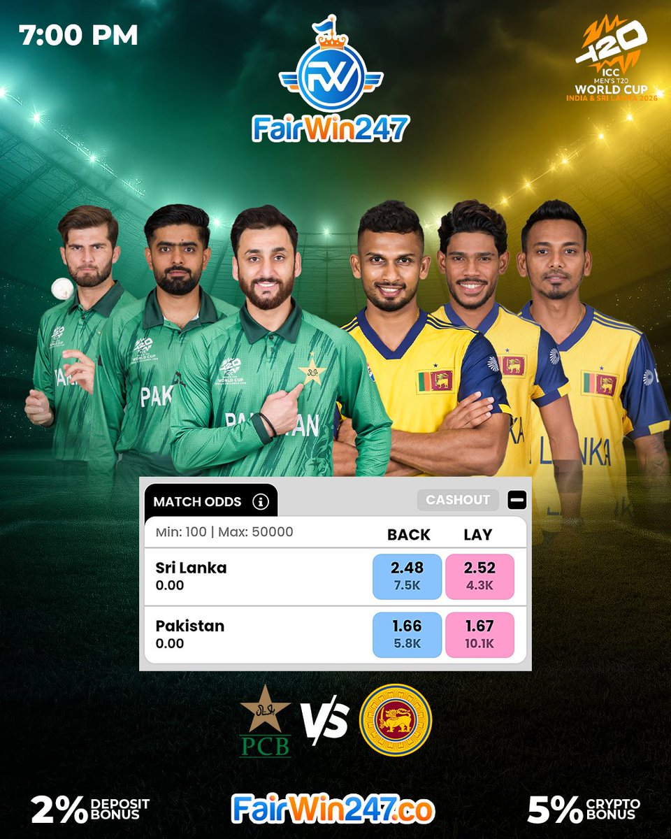 SL choose to Bowl first. So PAK should score 200+ runs &amp; must win by atleast 64 runs to qualify for Semi-final! 👀🔥

What's your prediction?
— Play Now On FairWin247.co! ✅
✓ 2% Deposit Bonus
✓ 5% Instant Crypto Bonus

#FairWin247 #SLvsPAK #T20WorldCup