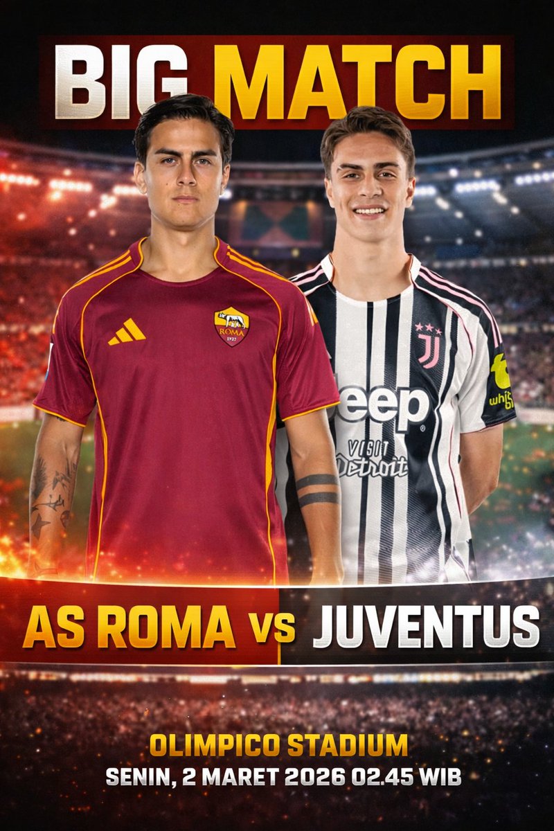 SUPER BIG MATCH
As Roma vs Yuventus

Mimin mau ngadain kuis TEBAK SEKOR nih untuk big match Serie A giornata 27, Roma Vs Yuve.

Buat yang tebakan nya bener, Mimin nyiapin hadiah voucher E-wallet senilai 50rb untuk 3 pemenang. 

Caranya gampang banget,
1. Follow <a href="/Juve_info01/">Juve Garis Garis</a>
2. RT