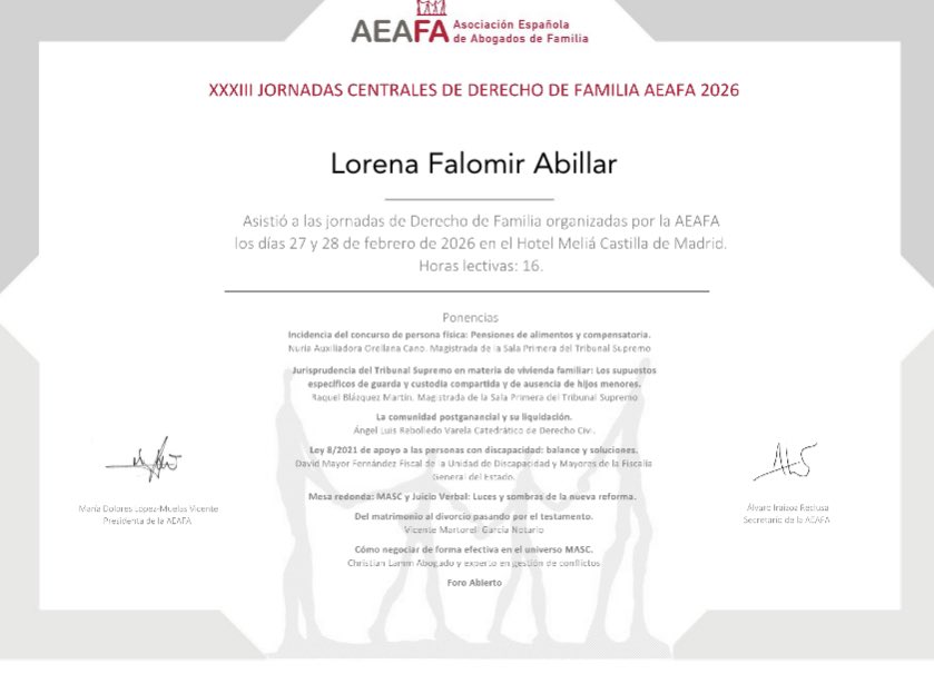lorenafalomirab's tweet photo. Orgullosa de haber asistido a las XXXIII Jornadas Centrales de Derecho de Familia de AEAFA 2026 en Madrid. Dos días de aprendizaje, debate y actualización en materia de familia junto a grandes profesionales. ¡Seguimos formándonos para ofrecer el mejor asesoramiento! ⚖️📚 #AEAFA https://t.co/Gb95MuLE84