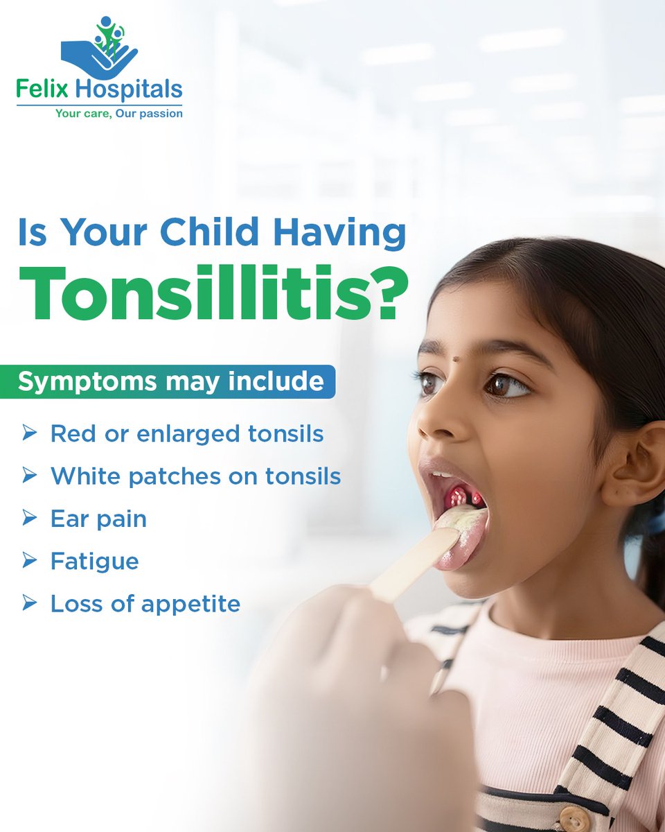 WellnessFelix's tweet image. Frequent sore throat in children shouldn’t be ignored. These symptoms may point toward tonsillitis and need medical evaluation.

#Tonsillitis #ChildHealth #PediatricCare #ThroatSwollen #ThroatPain #ThroatInfection #FelixHospital