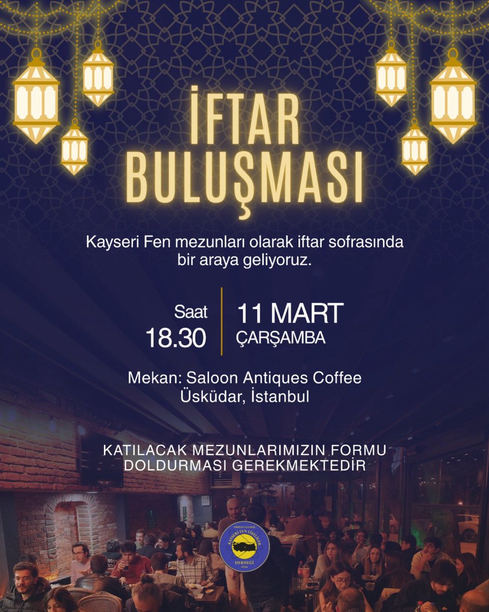 oukfldernek's tweet photo. Kayseri Fen Lisesi mezunları olarak iftar soframızda bir araya geliyoruz!
Birlik ve beraberliğimizi pekiştireceğimiz bu özel buluşmada sizleri de aramızda görmekten mutluluk duyarız.
Katılım için formu doldurmayı unutmayınız. 💫
https://t.co/xrmE23tPFr https://t.co/csQkXybHBf