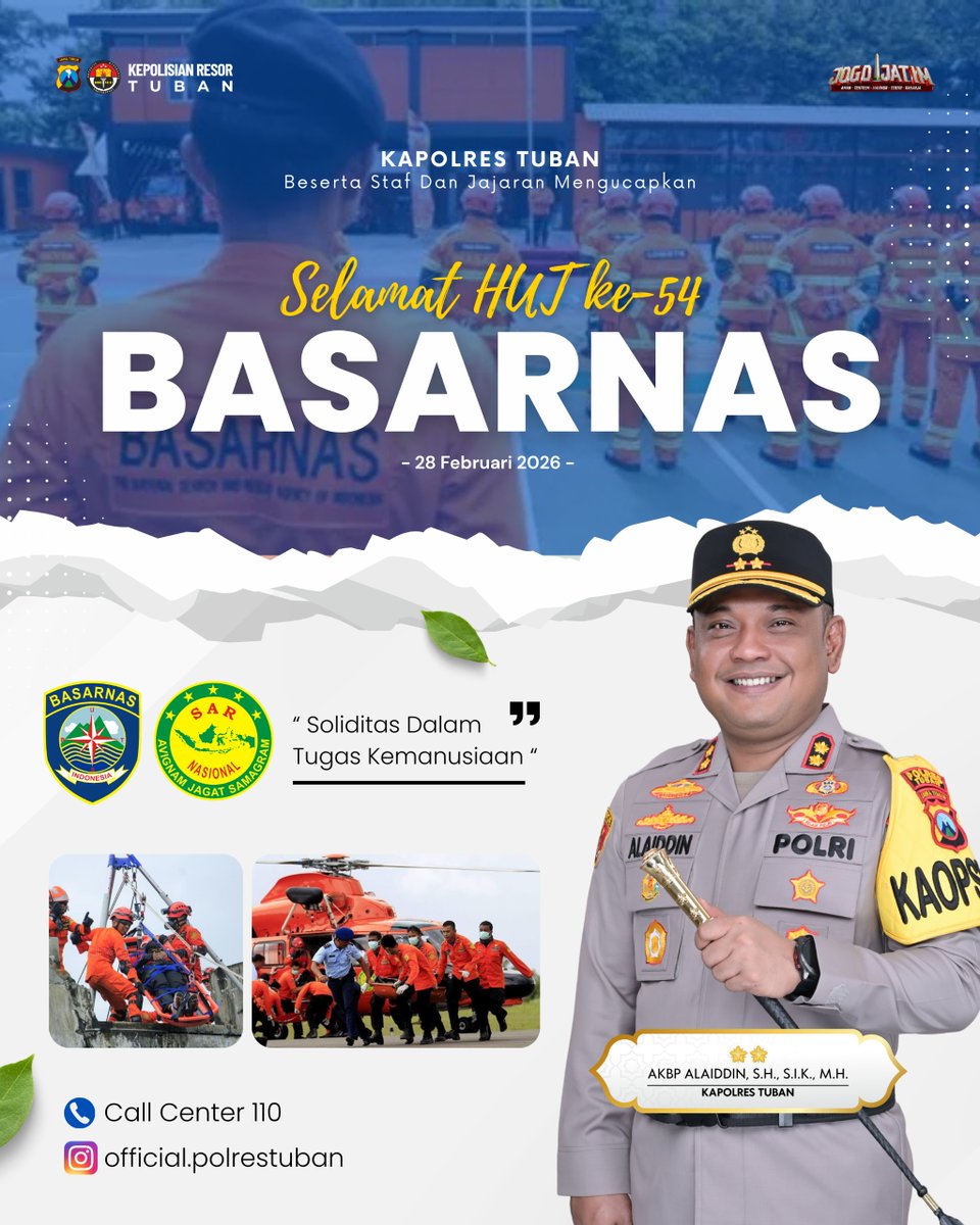 humasektuban's tweet image. Kapolres Tuban beserta staf dan jajaran mengucapkan 

Selamat HUT ke - 54 BASARNAS 
-28 Februari 2026-

#polriuntukmasyarakat #basarnas