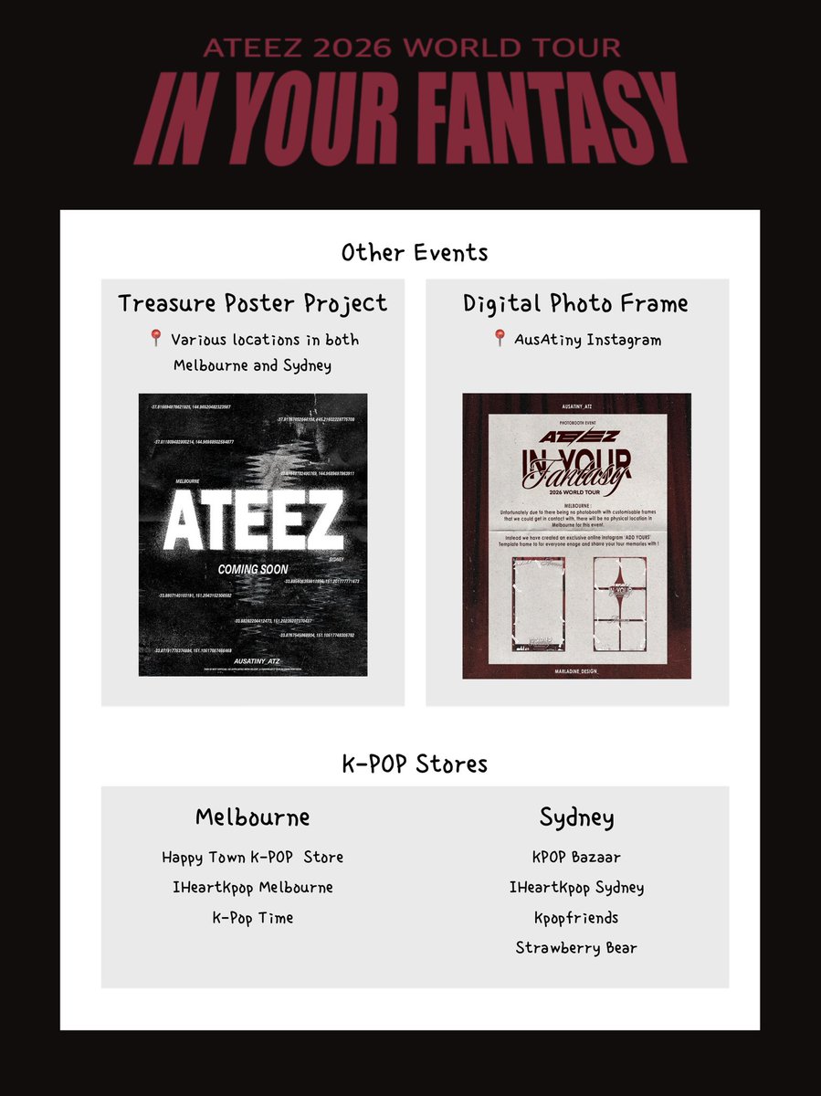 Your guide to ATEEZ In Your Fantasy in Australia Events is here! 🥀

AUS-ATINY ! Are you ready? The concerts are so soon and we have put together a guide of all the fun events by run by teams over Melbourne and Sydney which you can attend!

Design by <a href="/kasey_hhh/">kasey ♡ 🍋</a>