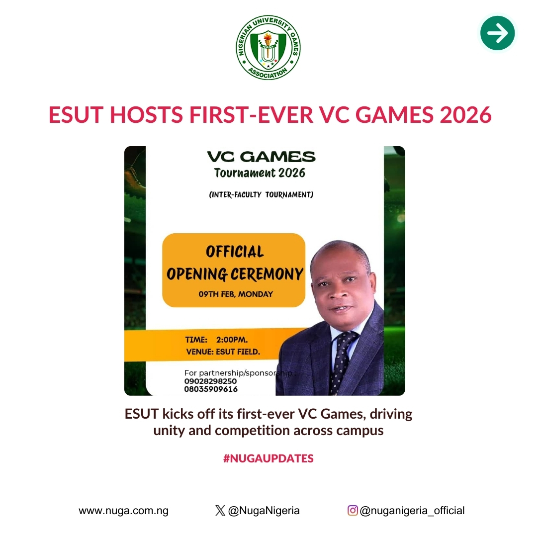 NUGANigeria's tweet photo. ποΈ ESUT launches VC Games 2026
First-ever inter-faculty tournament featuring multiple sports.
Competitions already at quarter-final stage π
#NUGA #NUGAUpdates https://t.co/3Y6NqG4kZl