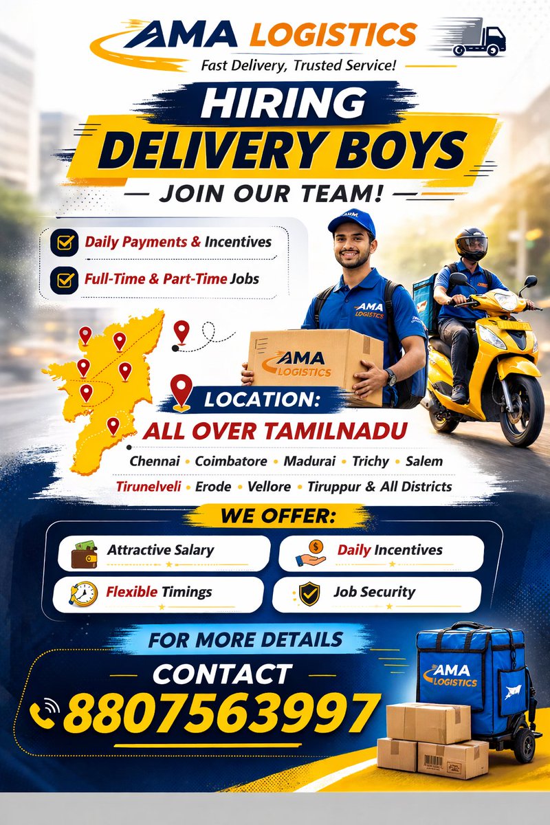 LogisticsA3958's tweet image. Contact us : 8807563997

Grab the opportunity ☺️

#tamilnadu
#deliveryjob
#hiringalert
#hiring 
#trendingnow 

Thank you for visiting our page ☺️✨
