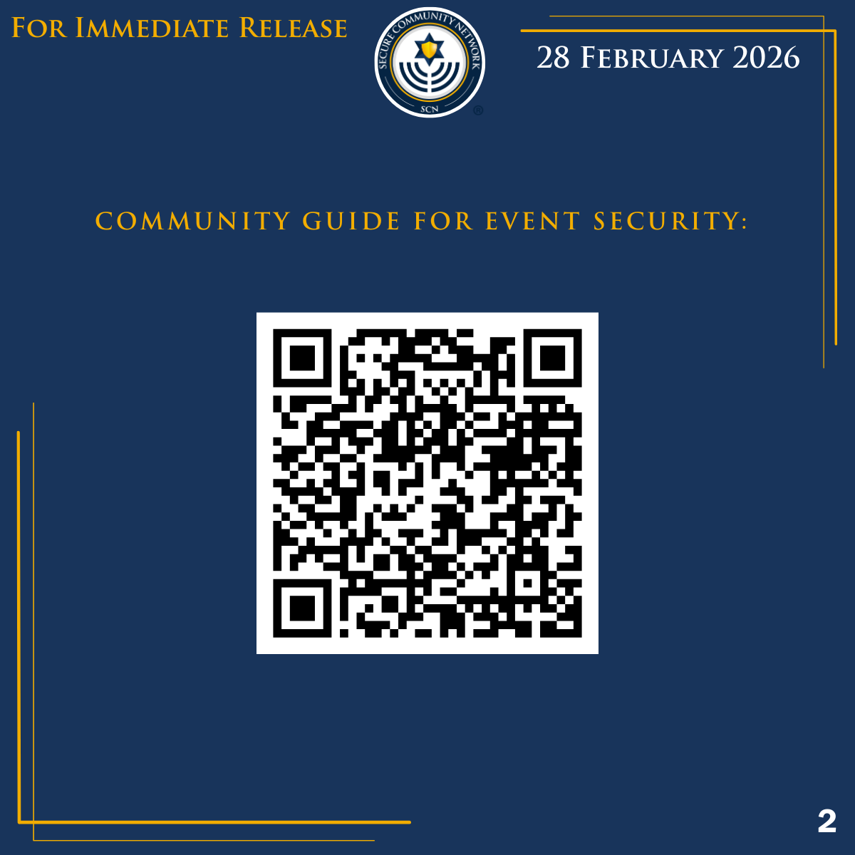 Official_SCN's tweet photo. Official SCN Guidance:

Following U.S. and Israeli airstrikes targeting Iran, SCN urges continued vigilance across Jewish communities. 

Relevant national organizations and Jewish security professionals remain in close coordination, including with institutions, to monitor developments, share timely information, and strengthen protective measures, particularly in light of Shabbat services and upcoming Purim gatherings.

We encourage institutions and community members to review our Community Guide for Event Security and consult with their local security professionals. 

Any suspicious activity should be reported immediately to your local security professionals and law enforcement.

Community Guide for Event Security: https://t.co/0sDp3qy7eR