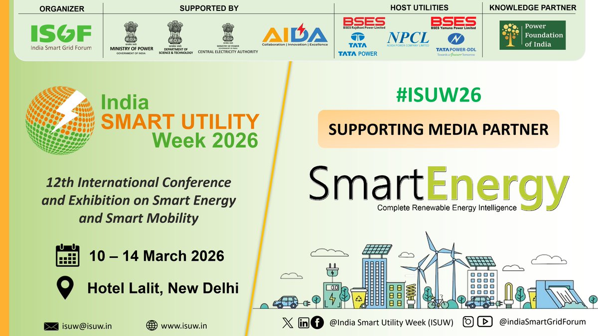 TESSsummit's tweet photo. @smartenergymag has joined #ISUW26 as a Supporting Media Partner

Join us at India Smart Utility Week 2026, 12th International Conference and Exhibition on #SmartEnergy and #SmartMobility from 10 - 14 March 2026 in Hotel Lalit, New Delhi

https://t.co/csDIA1bGoP https://t.co/1OiNGCVqt9
