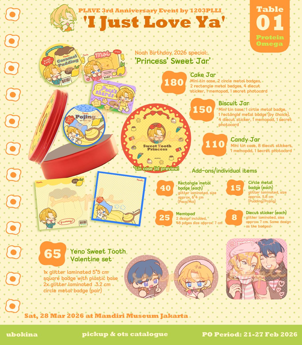 [RTs &amp; 💛 are appreciated!]

(izin post ulang soalnya yang kemarin kehapus) (isinya sama aja)

Halow ini katalog akuh buat #IJustLoveYa_INA yeahh jgn lupa jajan ke table 01 protein omega!! 

🍳 Mandiri Museum Jakarta
💛 Sabtu, 28 Maret 2026
ヽ(´∀｀ヽ)🍳🍳🍳 (2/3)