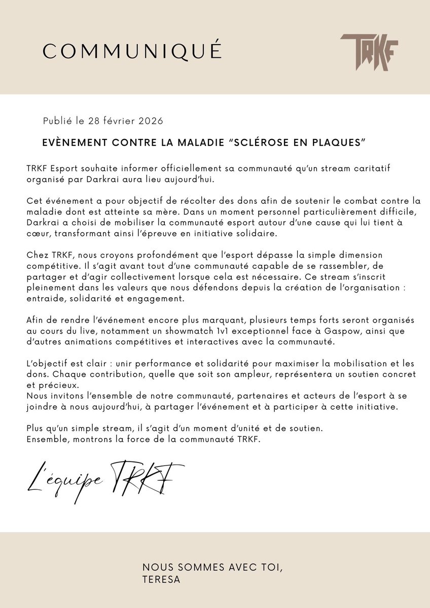 ❤️ • STREAM CARITATIF

🤩 | Notre joueur Rocket League <a href="/darkrai_rl/">jay</a> organise un stream caritatif afin de récolter des fonds et financer des recherches contre la maladie de sa mère !

💪 • N’hésitez pas à passer !

——— STREAM CARITATIF ———