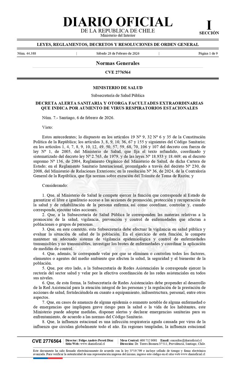 📢📢Hoy se publicó en el Diario Oficial la Alerta Sanitaria por virus invernales. Adelantamos promulgación, vacunación e inmunización (👏👏campaña que comienza este 1° de marzo),  para un traspaso “sin costuras” al nuevo gobierno.🧵(1-9)