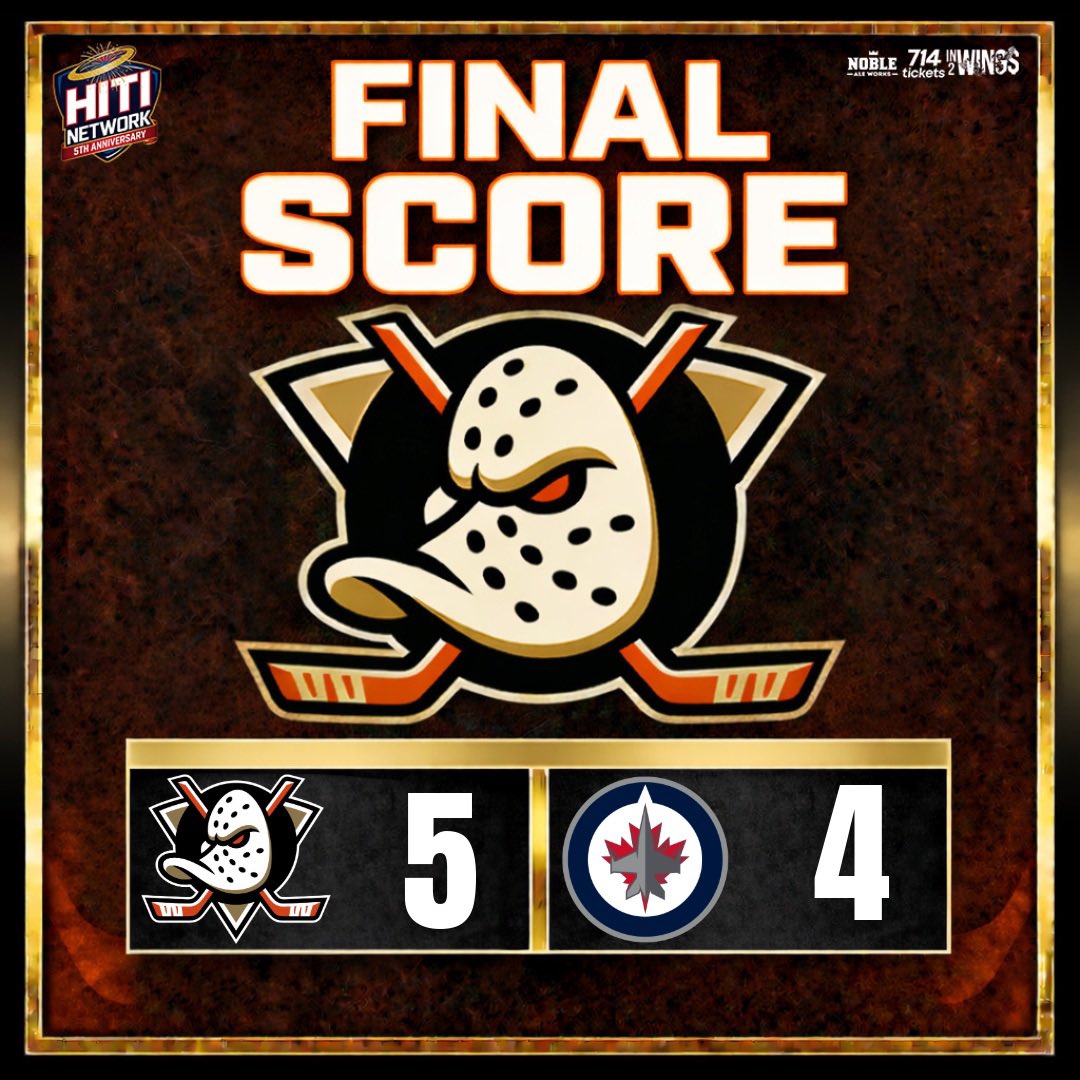 HalosInfield's tweet photo. The boys are buzzing! 🦆🔥 Another massive dub at Honda Center as the Ducks ground the Jets 5-4. 

That’s FOUR in a row overall and SEVEN straight on home ice! 

The Cardiac Quackers strike again with another wild finish. 😤

Drop your player of the game below and check out the HITI Ducks Postgame Show as we break down all the action from last nights thriller. 📺👇

#Ducks #flytogether #cardiacquackers #goducks #nhl
