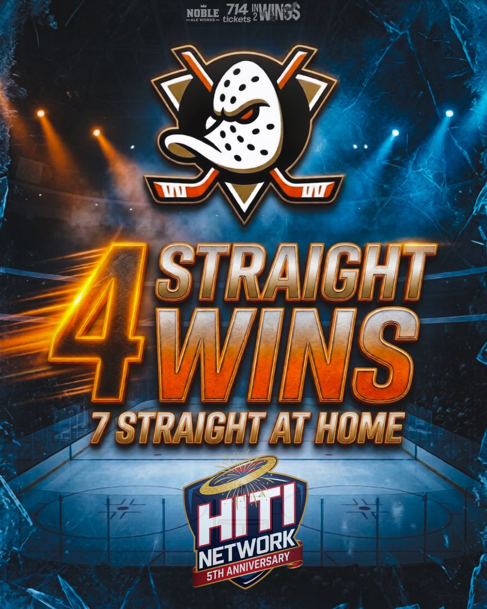 HalosInfield's tweet photo. The boys are buzzing! 🦆🔥 Another massive dub at Honda Center as the Ducks ground the Jets 5-4. 

That’s FOUR in a row overall and SEVEN straight on home ice! 

The Cardiac Quackers strike again with another wild finish. 😤

Drop your player of the game below and check out the HITI Ducks Postgame Show as we break down all the action from last nights thriller. 📺👇

#Ducks #flytogether #cardiacquackers #goducks #nhl