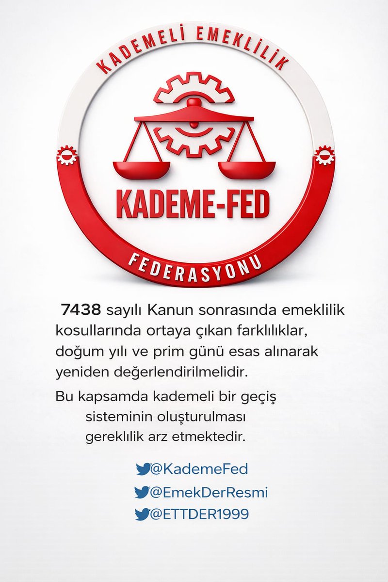 Aynı yaşta iki kişi…
Biri emekli, diğeri 17-20 yıl daha bekliyor.
Sebep
Doğum yılına göre adaletsiz sınır ⚠️
Çözüm
Doğum yılı + prim esaslı kademe 🧭
<a href="/KademeFed/">Kademeli Emeklilik Federasyonu</a> 
<a href="/ETTDER1999/">🧭 EMEKLİLİKTE TARİHE TAKILANLAR DERNEĞİ</a> 
<a href="/EmekDerResmi/">EMEK-DER</a> 
#KademedeBirlik