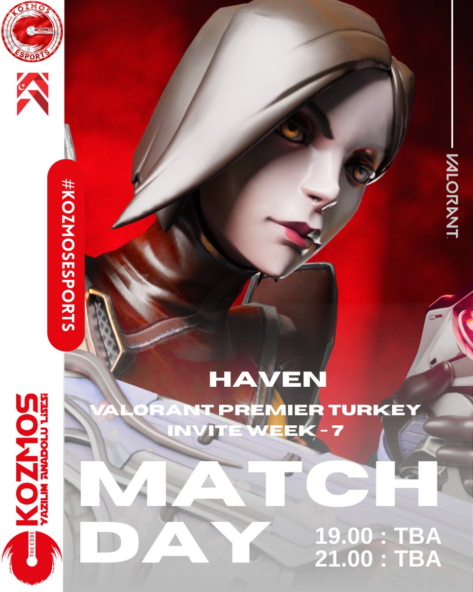 🇹🇷 VALORANT Premier Türkiye Invite 7.Hafta müsabakalarına çıkıyoruz.

🆚 TBA
⏰ 19.00
⏰ 21.00
📺 Yayın bulunmamaktadır.

💪 Başarılar TAKIM!

#kozmosesports #kozmoslisesi #letsgokozmos #kze