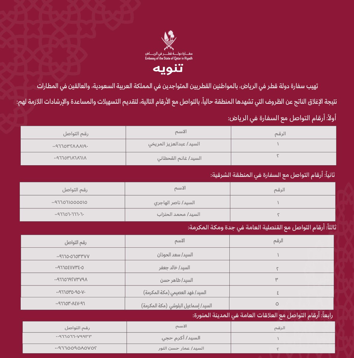 QatarEmb_Riyadh's tweet image. تنويه للمواطنين القطريين المتواجدين في المملكة العربية السعودية والعالقين في المطارات نتيجة الإغلاق