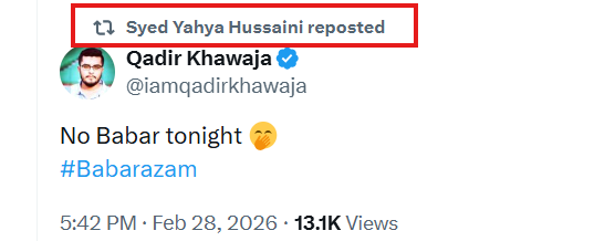 بابر کو ڈراپ کرنے پر خوشی کا عالم دیکھیں کہ قادر کا ٹویٹ بھی ری پوسٹ کردیا