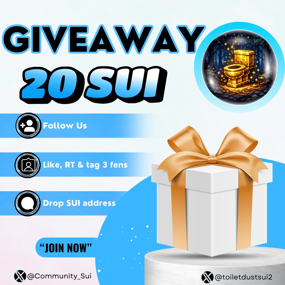 GIVEAWAY CAMPAIGN 🪂

Toilet Dust 2.0 is not simply a memecoin; it is culture. Valuable gifts to thank the community! 💧

🎁 Rewards: 20 $SUI

1️⃣ Follow us <a href="/toiletdustsui2/">Toilet Dust 2.0</a> &amp; <a href="/Community_Sui/">Sui Community💧</a>
2️⃣ Like, RT, and tag 3 fens
3️⃣ Drop your Sui wallet address below 👇

📅 Duration: 72
