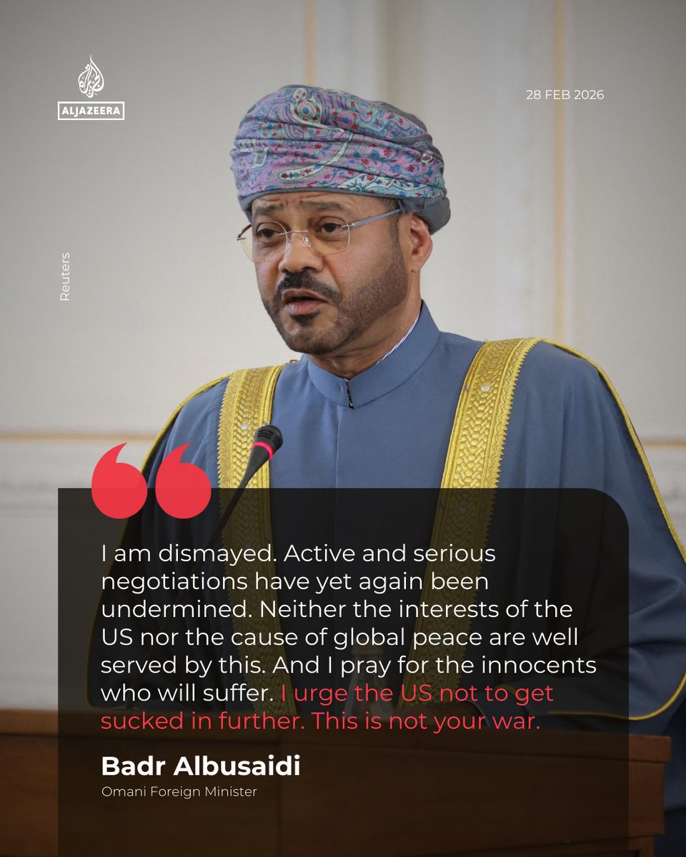 Oman's FM Badr Albusaidi, who has been mediating the recent rounds of indirect talks between the US and Iran, has reacted to today's attacks by the US and Israel on Iran.

🔴 LIVE updates: aje.news/x068qe