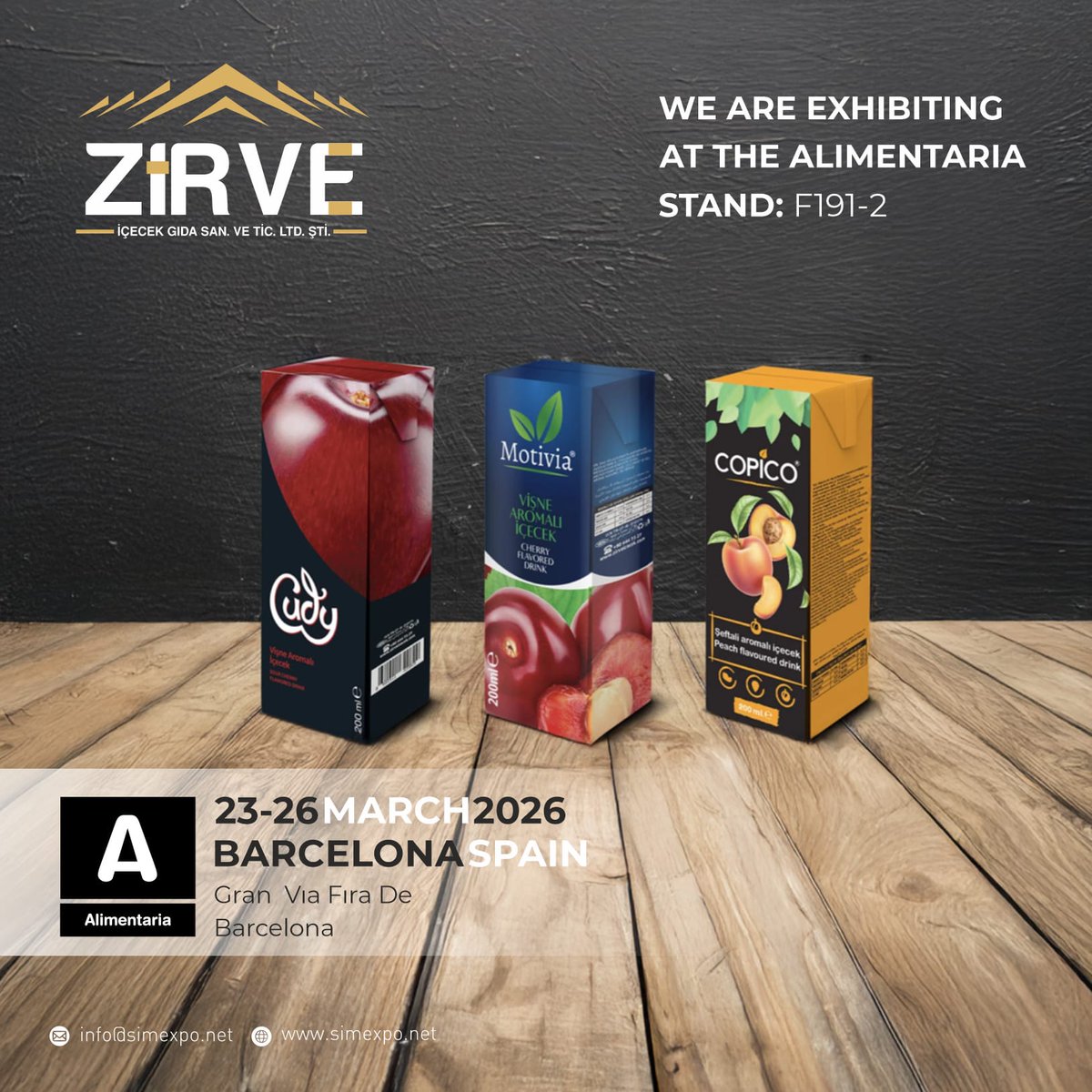 23-26 Mart 2026 tarihleri arasında İspanya'nın Barselona kentinde düzenlenecek olan Alimentaria &amp; Hostelco Fuarı'nda, Zirve İçecek , 2026 yılı için  yerini almıştır. #alimentariabarcelona2026 #zirveiçecek