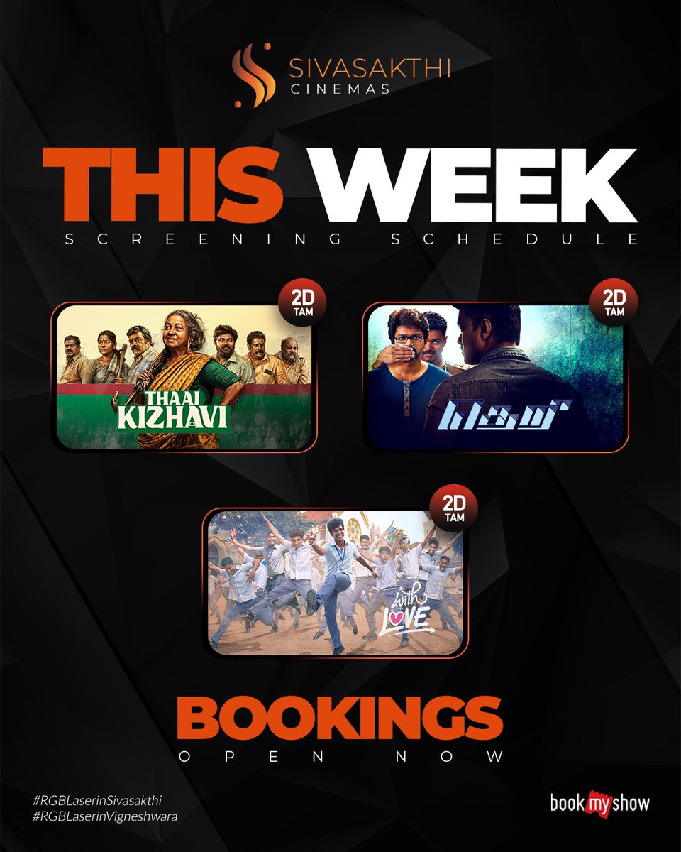 This week’s big screen lineup is here 🔥🎬

From powerful emotions to mass moments and feel-good vibes - catch Thaai Kizhavi, Theri, and With Love in 2D Tamil at Sivasakthi Cinemas! Book your seats now. 🍿✨

#ThisWeekMovies #SivasakthiCinemas #NowScreening #TamilMovies #BookNow