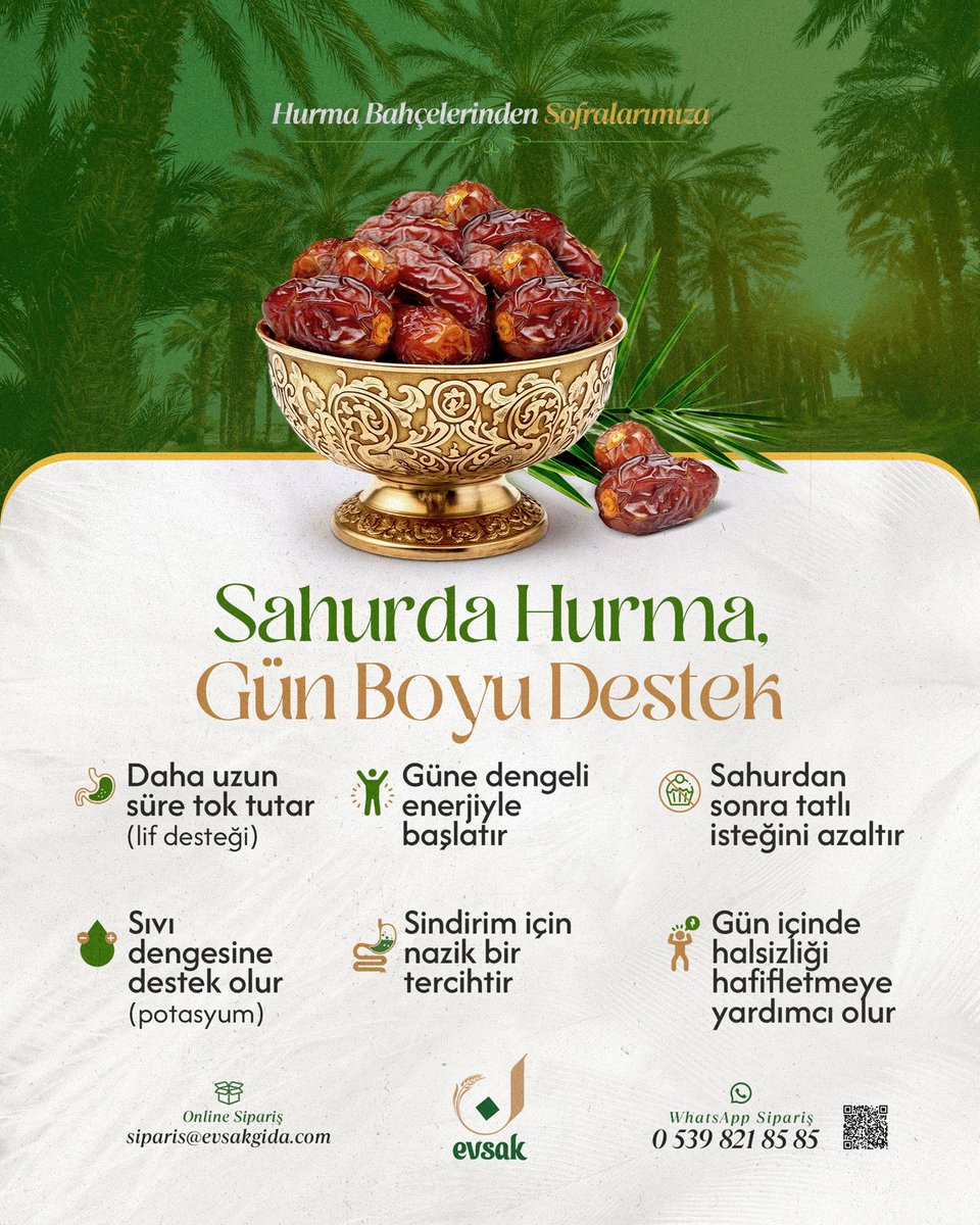 evsakgida's tweet photo. 🍃 Sahurda Hurma, Gün Boyu Destek

📧 Online Sipariş: siparis@evsakgida.com

📞 WhatsApp Sipariş: 0539 821 85 85

#EvsakGıda #Hurma https://t.co/pQhhNIXguR