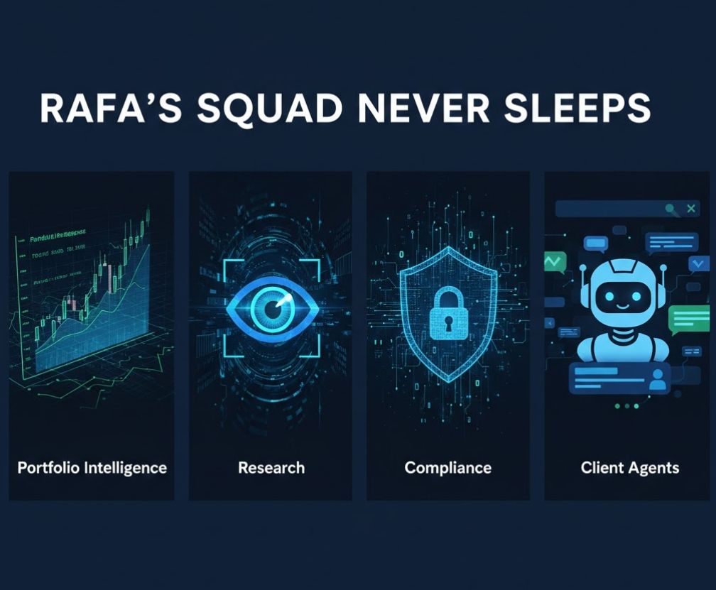 # day2 
RAFA’s squad never sleeps: Portfolio Intelligence, Research, Compliance &amp; Client Agents. Which one do you want first? Reply  <a href="/RAFA_AI/">RAFA Finance</a> #RAFA_AI