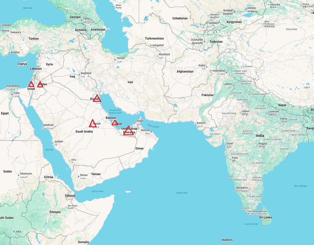 WWIII: Iran striking the following nations (and parasites):

Jordan
Kuwait
Qatar
UAE
Saudi Arabia
Bahrain
Israel
[US bases in the region]

Yemen has joined the war. Lebanon may be involved shortly (it's being struck by Israel).

In terms of area, this is the biggest war in modern