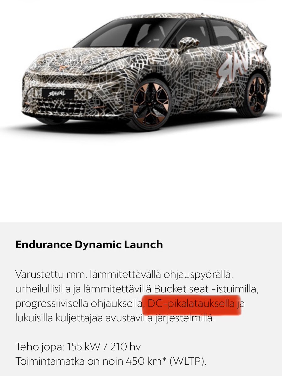 MikaelVilpponen's tweet image. Tämän perusteella Cupra Ravalista olisi tulossa malli, jossa ei ole DC-pikalatausta. Vai miten tälläinen mainos kirjoitus pitäisi tulkita? #cupra #raval