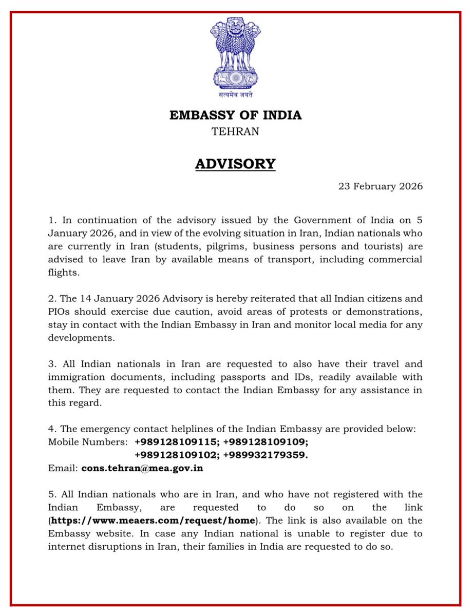 <a href="/theskindoctor13/">THE SKIN DOCTOR</a> True. The Indian Embassy had advised them to leave Iran first in Jan-2026 and then on 23rd Feb-2026, but these people are still there thinking that nothing will happen.
Now if there is any problem in evacuating them then the entire ecosystem will start cursing Modi.