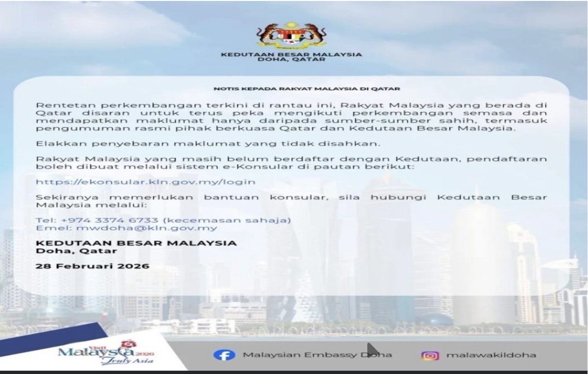 BernamaBiz's tweet photo. Malaysian Embassy In Doha Advises Malaysians To Remain Alert To Latest Developments 

#WorldNews #TehranExplosion 
https://t.co/Oegs61B8gD https://t.co/Z7F2XXf0k4