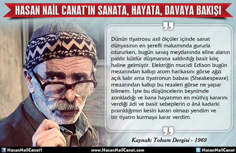 "Dünün tiyatrosu asil ölçüler içinde sanat dünyasının en şerefli makamında gururla otururken, bugün savaş meydanında eline alanın paldır küldür düşmanına saldırdığı basit kılıç haline gelmiştir"

Hasan Nail Canat'ın sanata, hayata ve davaya bakışı...
hasannailcanat.com/basindan/hasan…