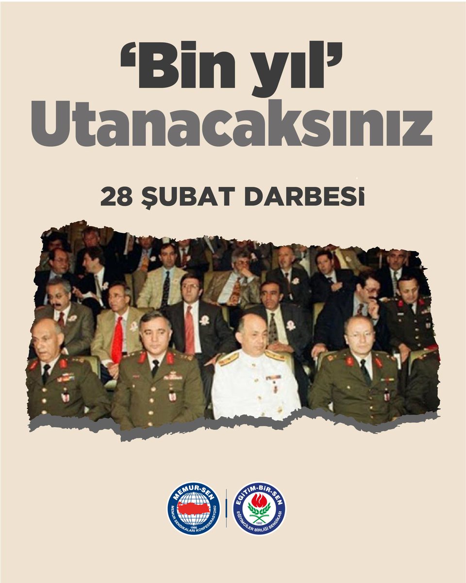 MİLLETİMİZ DARBECİLERİ BİN YIL SÜRECEK UTANCA MAHKÛM ETMİŞTİR 

Eğitim-Bir-Sen 29 yıl geçse de milletimize büyük ezalar çektirmiş ve büyük kayıplara yol açmış 28 Şubat darbesini unutmayacak, unutturmayacağız.