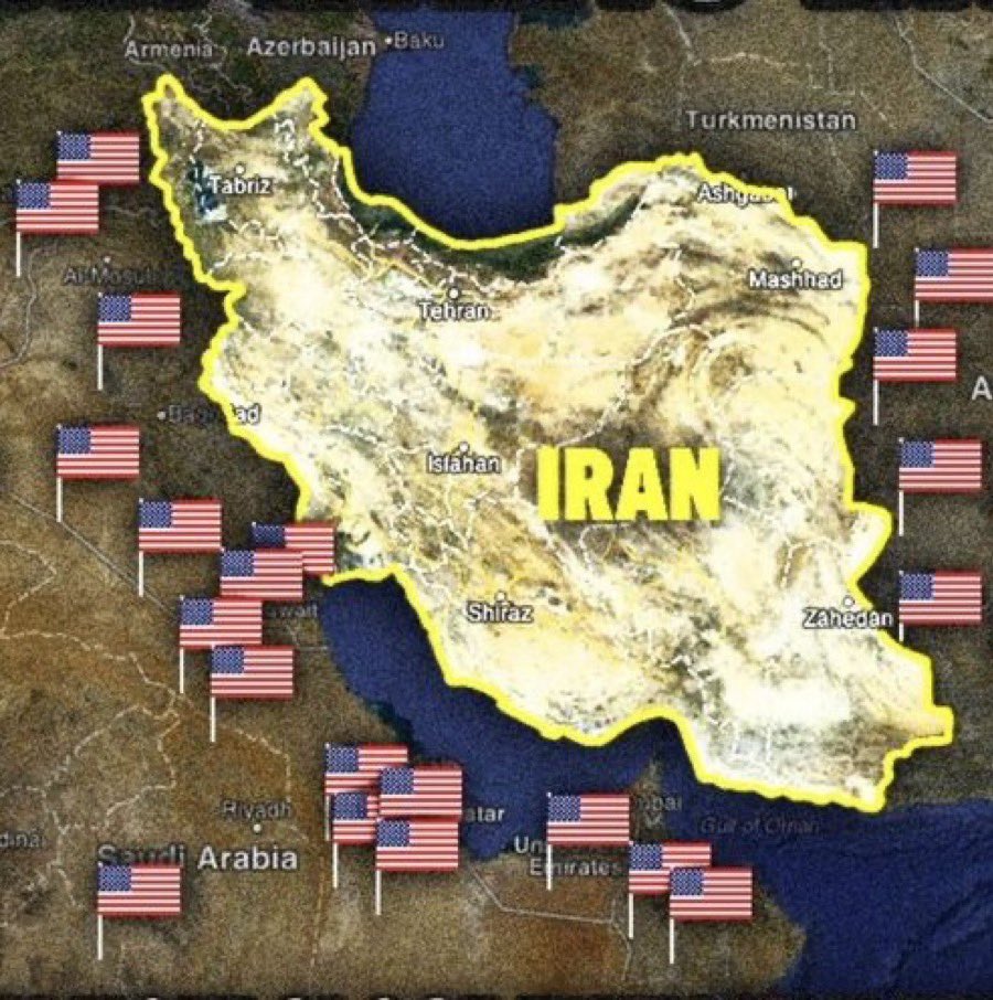 mdenaxa's tweet photo. 📌🇺🇸🇮🇷 Στην εικόνα οι αμερικανικές στρατιωτικές βάσεις που περικυκλώνουν το Ιράν, αλλά όπως εξηγεί ο Τραμπ «είναι το Ιράν εκείνο που απειλεί την παγκόσμια ειρήνη»! 

🔴 Ανεξάρτητα με τα όσα απερίγραπτα συμβαίνουν στο εσωτερικό του Ιράν, με τη διακυβέρνηση των μουλάδων, από τον πόλεμο του κόλπου αλλά και παλαιότερα έχουμε γίνει μάρτυρες της ίδιας αντιστροφής των κατηγοριών! 

🔴 Η διεθνής συμμορία που έχει καταφέρει παγκοσμίως να πάρει τη διακυβέρνηση των κρατών ενεργεί με τον ίδιο τρόπο: παρουσιάζει τον επιτιθέμενο ως θύμα και τον αμυνόμενο ως θύτη κι όχι μόνο!